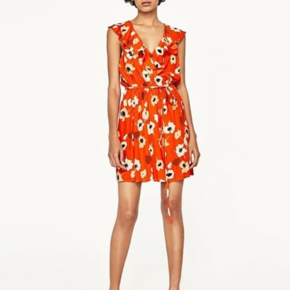 Zara Orange Floral Wrap Mini Dress